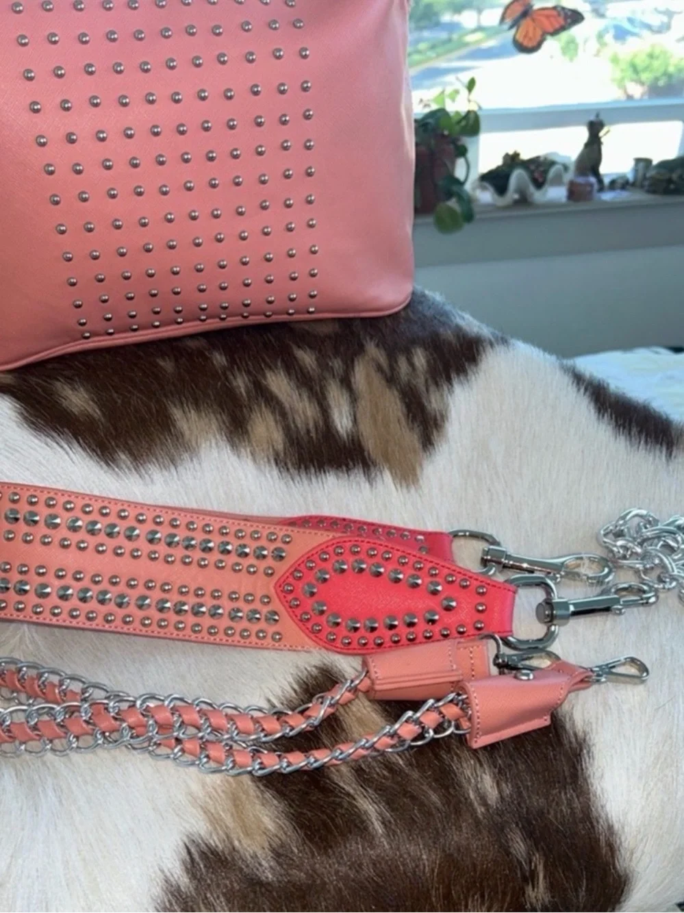 Sharif Coral Pink Studded Tote with Silver Chain